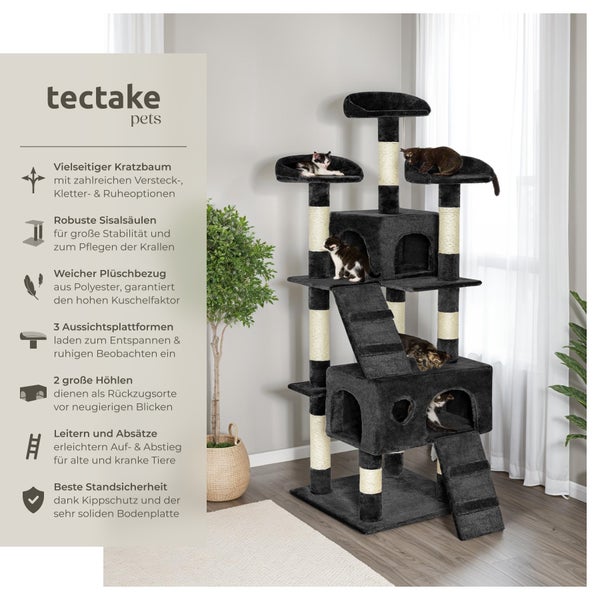 Kratzbaum tectake Mogli inklusive 2 Treppen und Kippschutz 170 cm schwarz