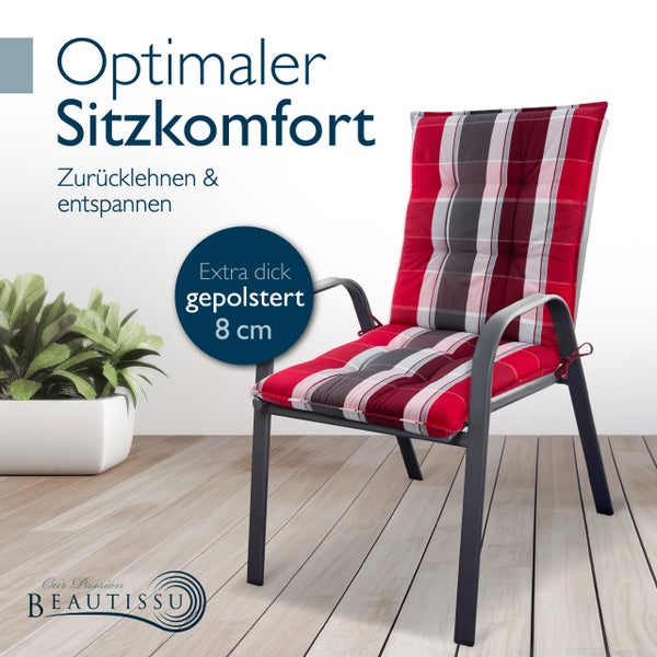 Rot-weiß karierte Gartenstuhlauflage für Hochlehner, 8 Zentimeter dick gepolstert, auf einem Gartenstuhl platziert. Beautissu Logo.