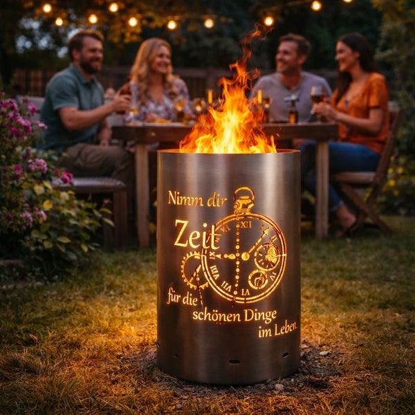 Feuerstelle aus Metall mit der Gravur 'Nimm dir Zeit für die schönen Dinge im Leben' im Garten mit Personen im Hintergrund