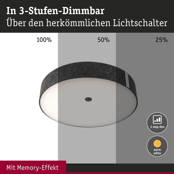 Runde Deckenleuchte mit Filzrand, dimmbar in drei Stufen über Lichtschalter, warmweißes Licht, mit Memory-Effekt.