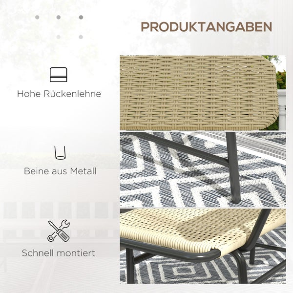 Outsunny 2-Sitzer Gartenbank, Polyrattan Sitzbank, ohne Armlehne, bis 250 kg belastbar, für Balkon, 132L x 66B x 80H cm, Terrasse, Metall, Khaki