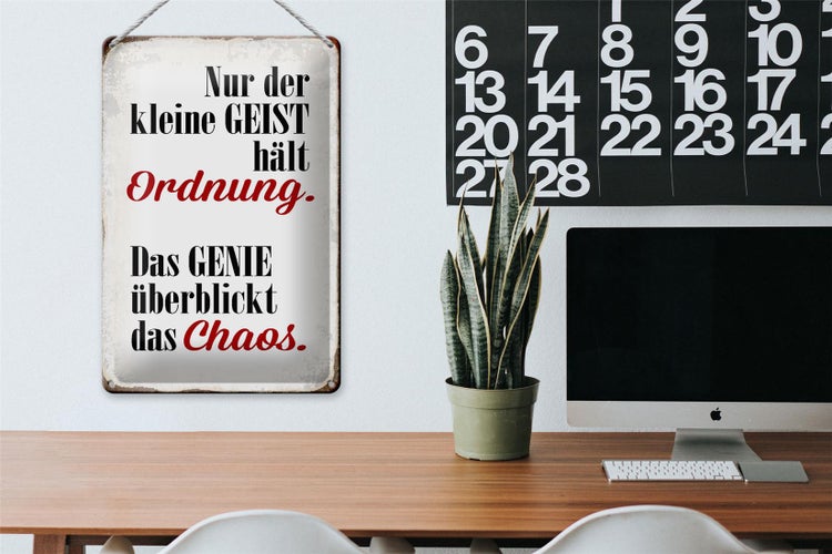 Blechschild Spruch 20x30cm Geist hält Ordnung Genie Chaos