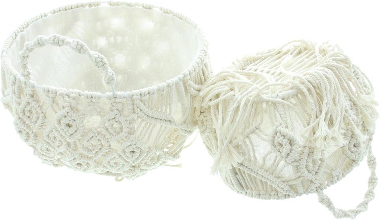 Dekoleidenschaft 2x Wandkorb Makramee aus Baumwolle & Canvas, beige, Wandpflanzer, Hängekorb im Boho Chic, Flechtkorb, Aufbewahrungskorb
