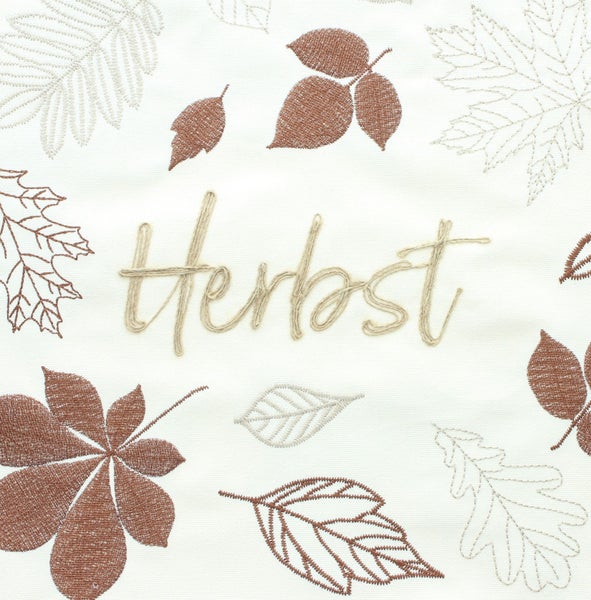 Dekoratives Stoffmuster mit dem Wort Herbst und verschiedenen Blättern