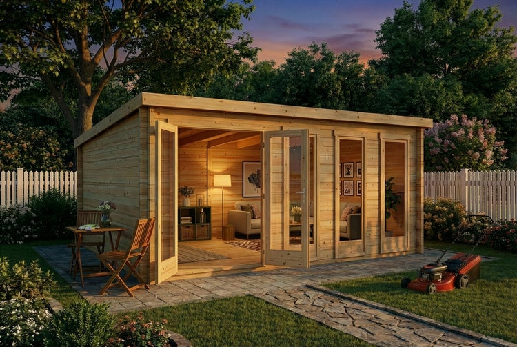 Alpholz Gartenhaus Atrium-D aus Holz, Gerätehaus 598x618cm mit 40 mm Wandstärke in Naturbelassen