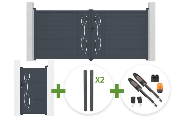 Set aus anthrazitfarbenem Doppelflügeltor, Gartentor, zwei Pfosten und elektrischem Torantrieb mit Zubehör.
