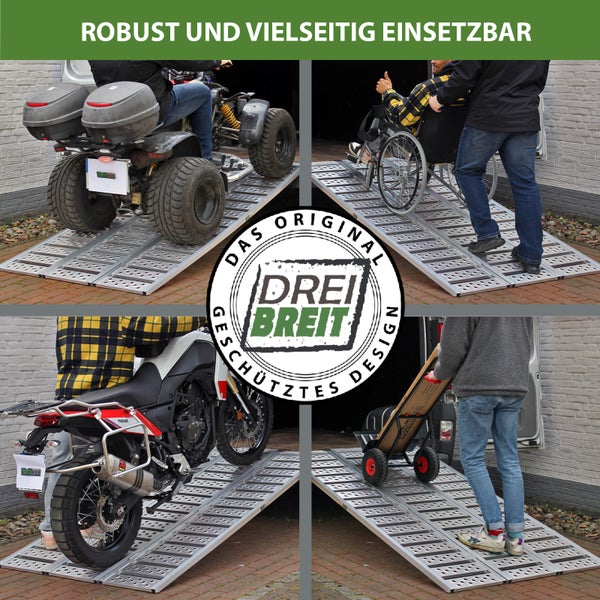 Aluminium-Auffahrrampe im Einsatz für Quad, Rollstuhl, Motorrad und Sackkarre. Drei Breit Logo in der Mitte.