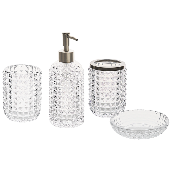 Vierteiliges Badezimmer-Accessoire-Set aus Glas mit Seifenspender, Seifenablage, Zahnputzbecher und Behälter für Zahnbürsten