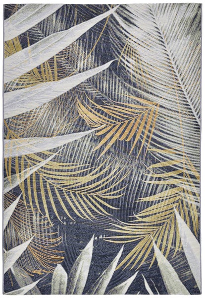Rechteckiger Teppich mit einem Muster aus tropischen Palmblättern in Blau, Gold und Weiß.