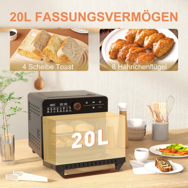HOMCOM Minibackofen mit Umluft, 20L, 3 in 1 mit Grillrost, 40 °C-220 °C, mit Frittierkorb, Timer, Innenbeleuchtung, 1400W, 36L x 37B x 34,5H cm, Edelstahl, Schwarz