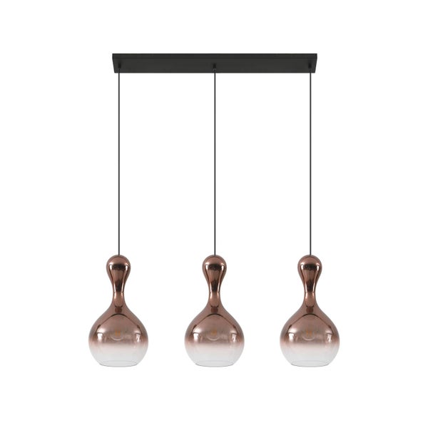 Dreiflammige Pendelleuchte mit tropfenförmigen Glasschirmen in Kupferoptik und schwarzer Deckenhalterung.