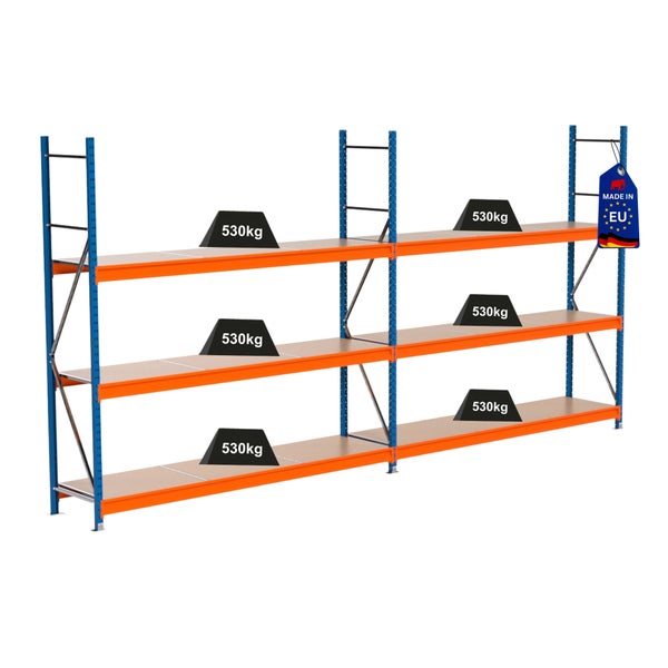 Lagerregal mit einer Traglast von 530 Kilogramm je Regalboden und dem Siegel Made in EU