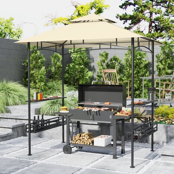 Outsunny Grillpavillon 240 x 150 x 257 cm wasserdicht flammhemmend Gartenpavillon mit Doppeldach, Seitenregalen, Gartenlauben mit UV-Schutz, BBQ Pavillon aus Stahl, Grillzelt für Party BBQ, Beige