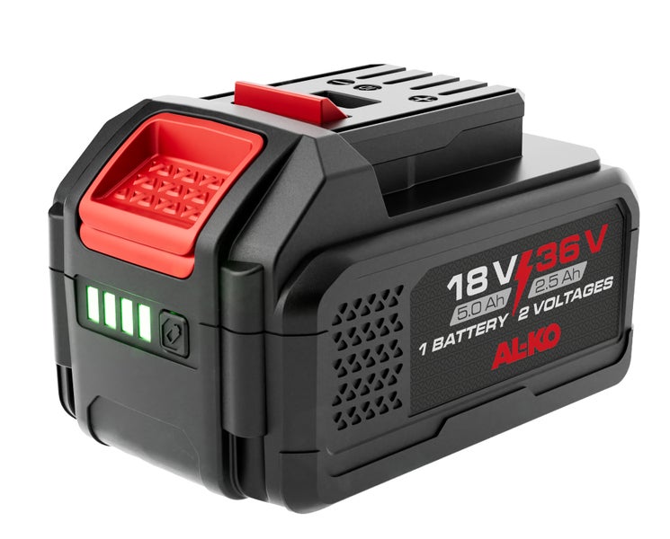 AL-KO Akku 18 Volt und 36 Volt mit Ladezustandsanzeige, 5.0 Amperestunden und 2.5 Amperestunden.