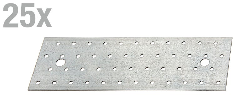 Set mit 25 Lochplatten aus verzinktem Stahl zur stabilen Holzverbindung im Bauwesen.