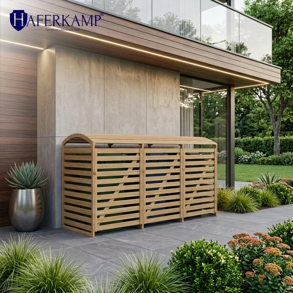 Haferkamp 3er-Mülltonnenbox aus Holz mit Runddach auf einer modernen Terrasse vor einer Betonwand.