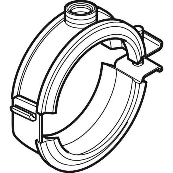 Zweiteilige Rohrschelle mit Schraubverschluss und Gewindeanschluss für die Rohrinstallation.