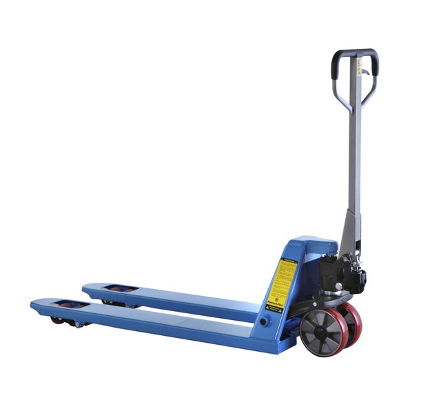 Blauer HanseLifter Hubwagen mit langen Gabeln und ergonomischem Handgriff für den Palettentransport.