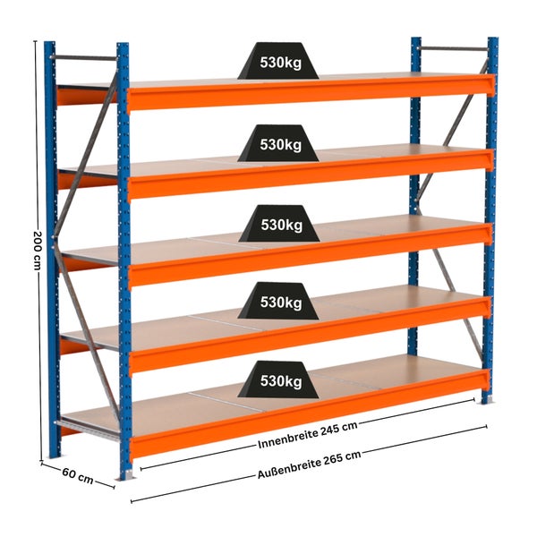 Metallregal mit fünf Regalböden und einer Traglast von 530 Kilogramm pro Boden