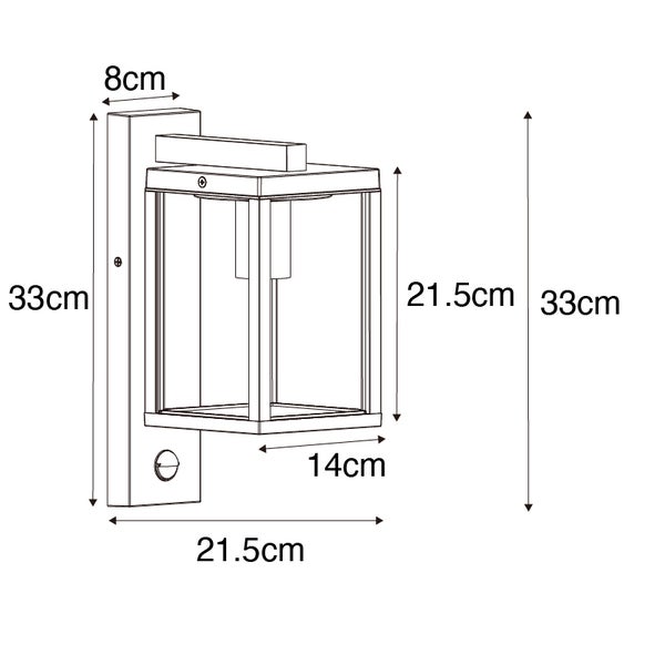 Technische Zeichnung einer Außenwandleuchte mit Maßen: Höhe 33 Zentimeter, Breite 8 Zentimeter, Tiefe 21,5 Zentimeter.
