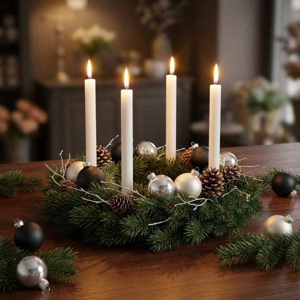 Adventskranz mit vier brennenden Stabkerzen, Tannenzweigen, Zapfen und weihnachtlichen Christbaumkugeln auf einem Holztisch.