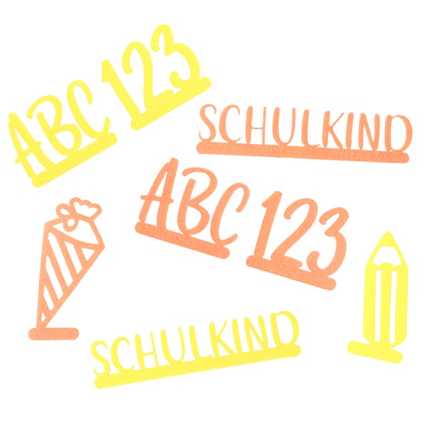 Dekorative Streuteile mit ABC, 123, Schultüte, Bleistift und dem Schriftzug Schultkind