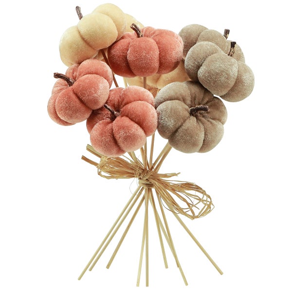 Dekorative Kürbisse am Stiel mit Schleife für Herbstdekorationen