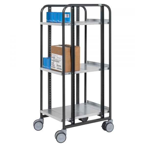 Rollwagen mit drei Ablageflächen und darauf platzierten Boxen
