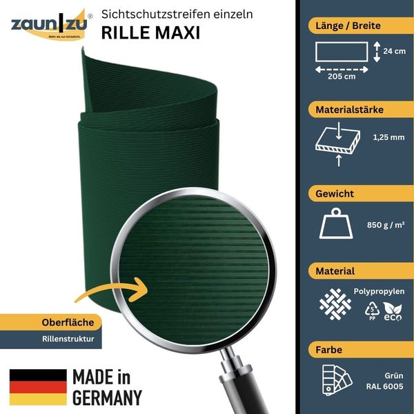 Zaun zu Sichtschutzstreifen Rille Maxi aus Polypropylen, 205 x 24 cm, mit Rillenstruktur und dem Hinweis Made in Germany