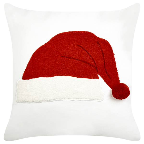 Weißes Dekokissen mit roter Weihnachtsmütze, weißem Saum und Bommel.