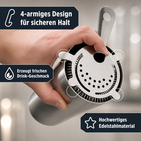 Edelstahl Cocktailsieb mit vier Haltearmen zur sicheren Fixierung auf dem Shaker für optimale Zubereitung von Getränken.