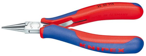 Knipex Elektronik-Rundzange 115 Millimeter mit rot-blauen Mehrkomponenten-Hüllen und poliertem Kopf.