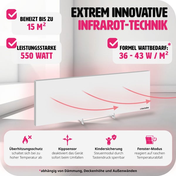 Infrarotheizung tectake  einfache Wand- oder Deckenmontage, inklusive Ständer rahmenlos mit Thermostat weiß