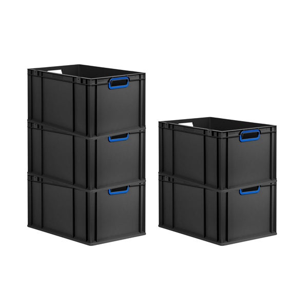 PROREGAL SparSet 10x Eurobox NextGen Color, HxBxT 32x40x60cm, 65 Liter, Griffe blau offen, Verstärkter Boden, Schwarz, Eurobehälter, Transportbox, Transportbehälter, Stapelbehälter