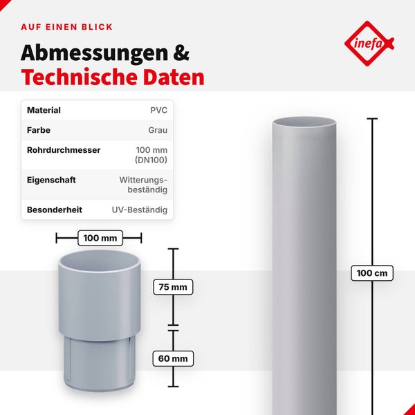 Technische Daten und Maße eines witterungsbeständigen PVC Fallrohrs mit 100 Millimeter Durchmesser und 100 Zentimeter Länge von Inefa.
