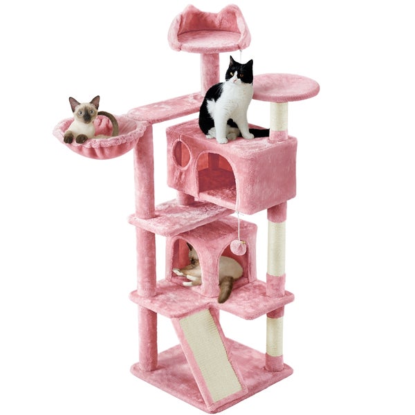 Katzenkratzbaum mit mehreren Ebenen, Höhlen und drei Katzen