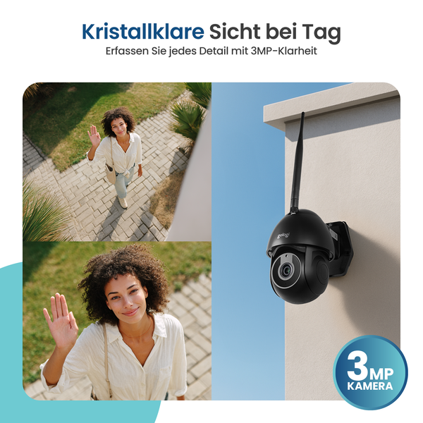 Überwachungskamera mit 3 Megapixel Auflösung, die klare Aufnahmen einer Person im Freien zeigt