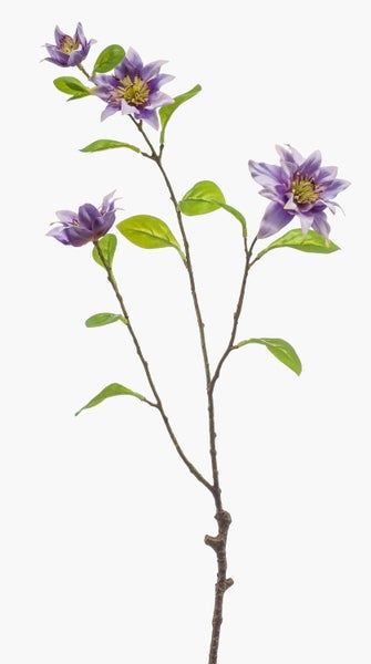Künstliche Clematis am Zweig mit violetten Blüten und grünen Blättern.