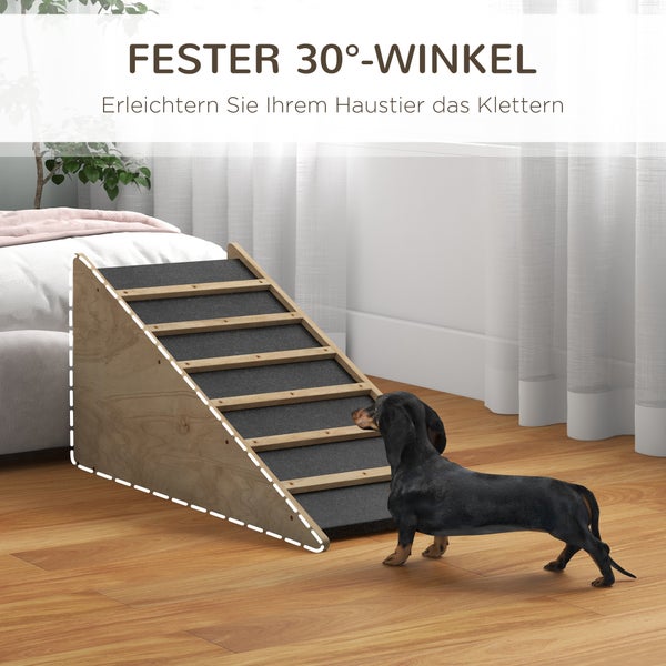 Hunderampe aus Holz mit festem 30 Grad Winkel und rutschhemmenden Stufen an einem Bett mit einem Hund davor.