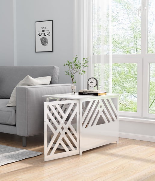 WONDERMAKE® Design Hundekäfig aus Holz für Zuhause Wohnung mit Beistelltisch, Hundebox fürs Wohnzimmer Indoor, 90x60 cm weiß