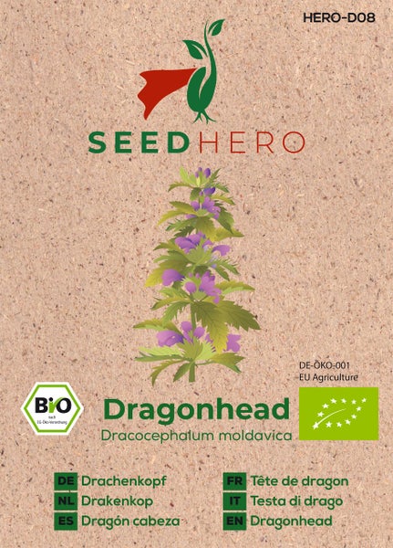Biologische Samen für Drachenkopf Dracocephalum moldavica von SeedHero, ökologisch zertifiziert, SeedHero Logo.