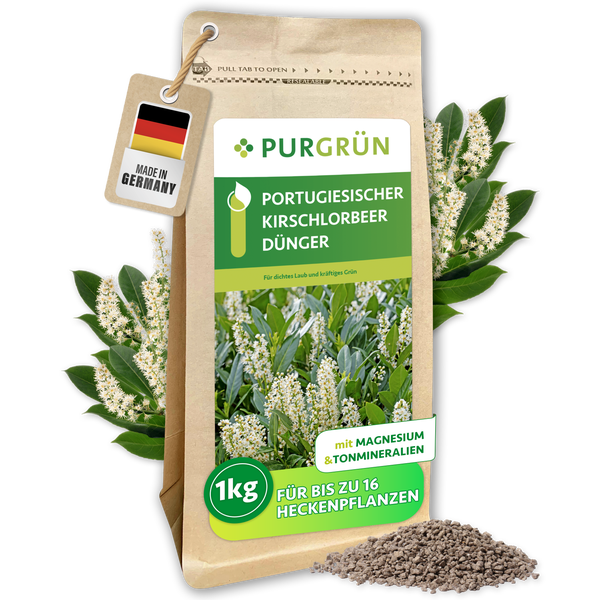 Purgrün Portugiesischer Kirschlorbeer Dünger, 1 Kilogramm mit Magnesium und Tonmineralien, für bis zu 16 Pflanzen, hergestellt in Deutschland.