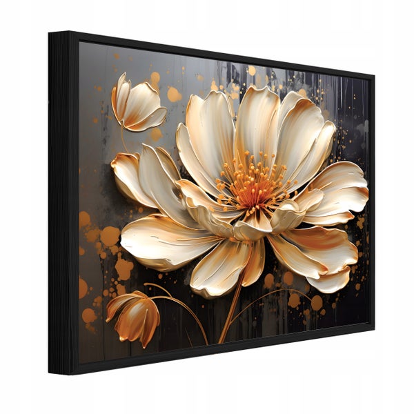 Wandbild mit stilisierter Blütendarstellung im schwarzen Rahmen.