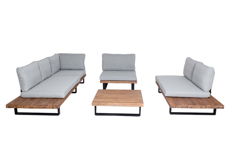 Gartenlounge-Set aus Holz mit grauen Polstern und schwarzem Metallgestell, bestehend aus Sofa, Sessel und Tisch.