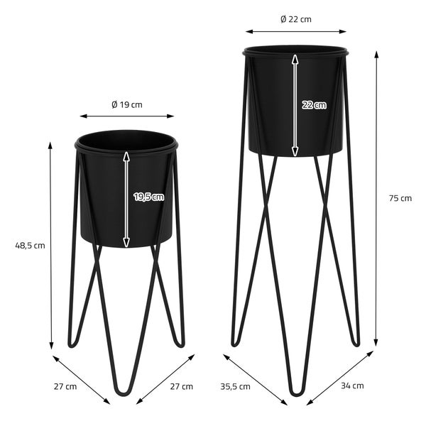 ML-Design Blumenständer 2er Set, Schwarz, 27x27x48,5 cm/35,5x34x75 cm, aus Stahl, Metallgestell Pflanzenständer, Blumentopfhalter 2-tlg, Blumentopfständer Blumenhocker Pflanztopf Deko Pflanztopfhalter