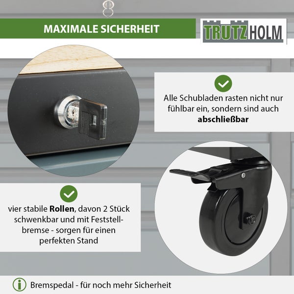 Detailansicht eines Werkstattwagens mit abschließbarer Schublade und Lenkrolle mit Feststellbremse. Trutzholm Logo.