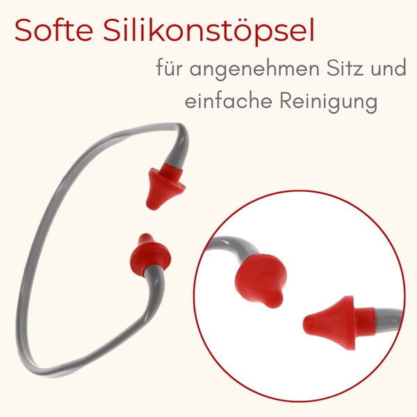 Bügelgehörschutz mit weichen Silikonstöpseln für angenehmen Sitz und einfache Reinigung.