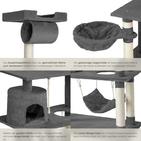 Nahaufnahme eines grauen Katzenkratzbaums mit Aussichtsplattform, Röhre, Liegemulde, Höhle, Kordel und Hängematte.