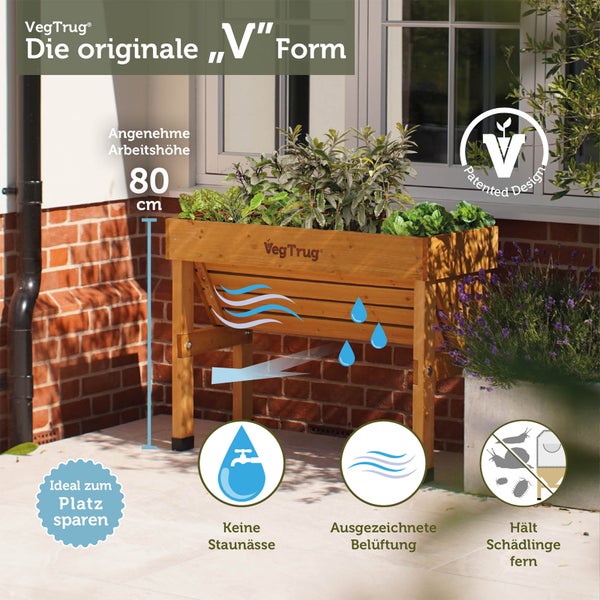 V-förmiges Hochbeet aus Holz von VegTrug mit 80 Zentimeter Arbeitshöhe, Belüftung, Drainage und Schutz vor Schädlingen. VegTrug Logo.