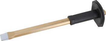 Flachmeißel mit Handschutz, sechskantiger Schaft und schwarzer Griff.